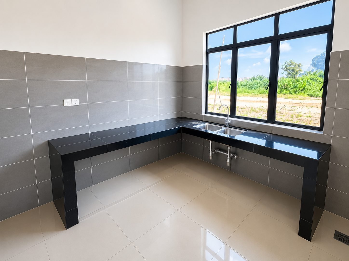 Kitchen counter looking out over open land, Ampang Cove terrace