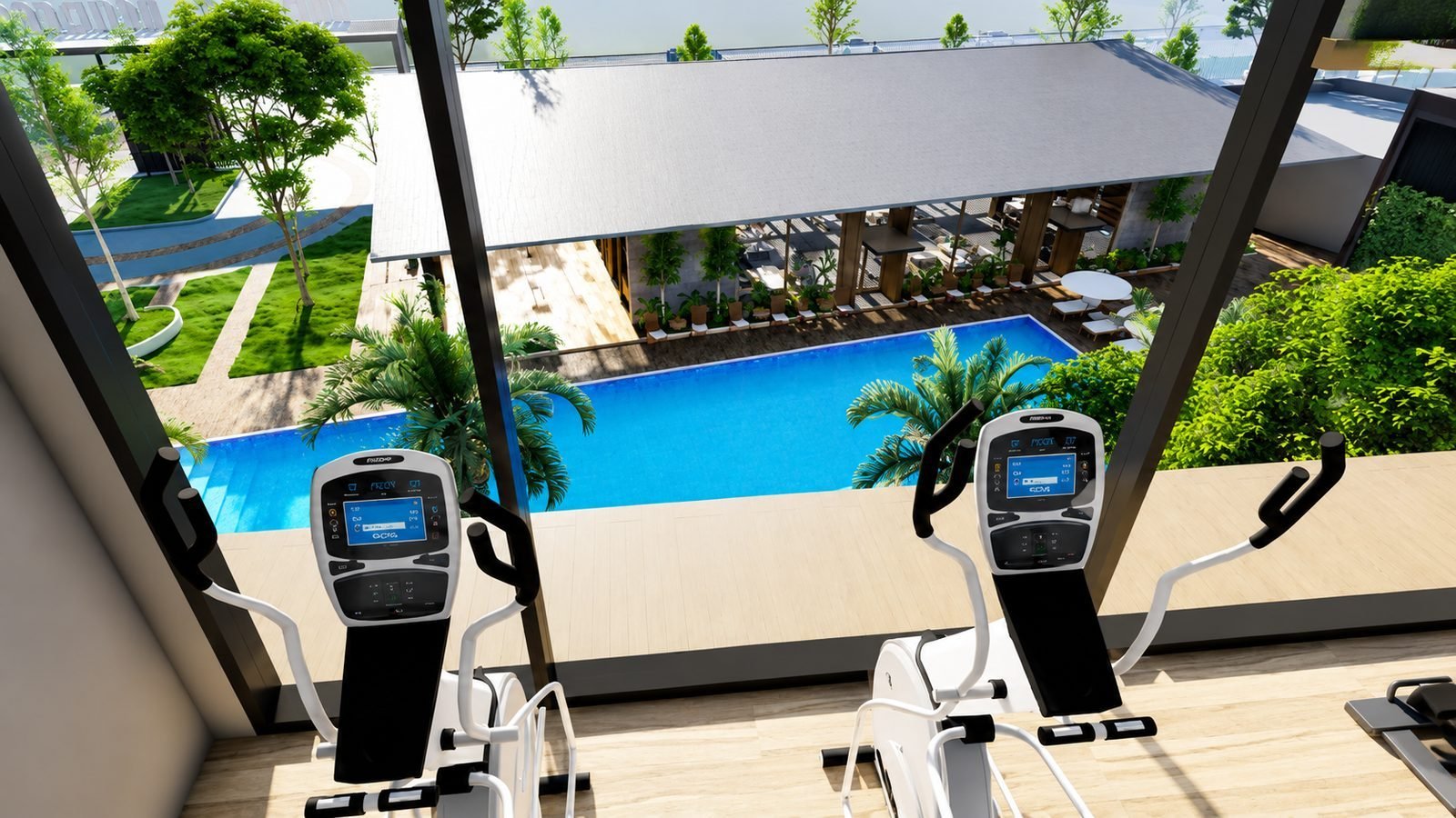 Cardio equipment overlooking the pool at Anderson Residence, Ipoh