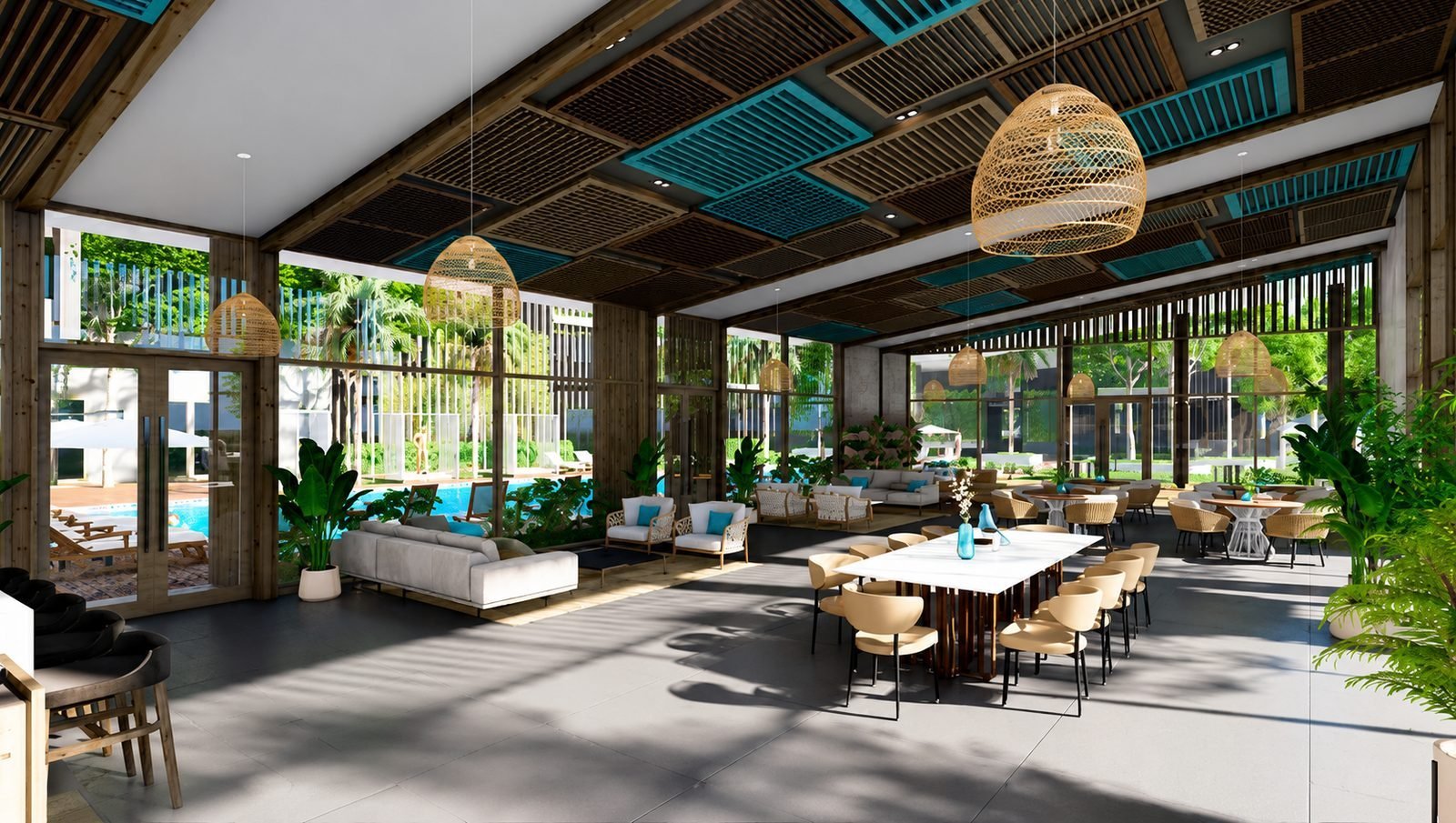 Covered community lounge with a communal table at Anderson Residence, Ipoh