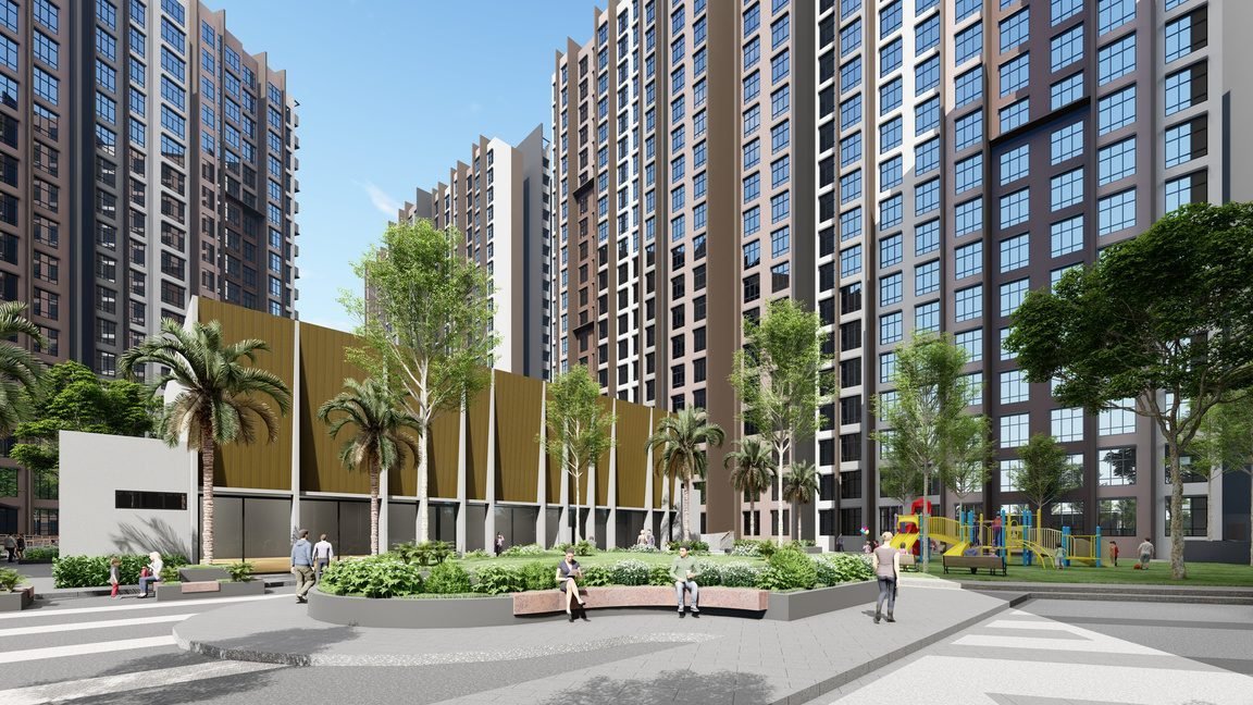 Landscaped central plaza between the towers at Anderson Residence, Ipoh