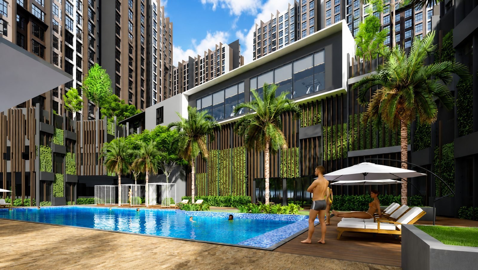 Poolside loungers and planting at Anderson Residence, Ipoh