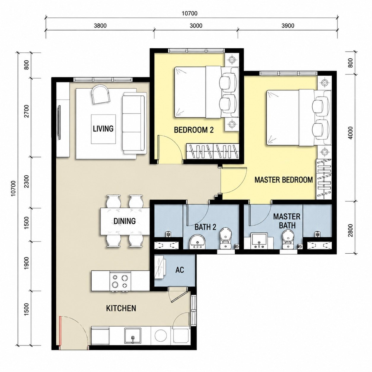 Type B floor plan, 668 sq ft, 2 bedroom, Anderson Residence Ipoh