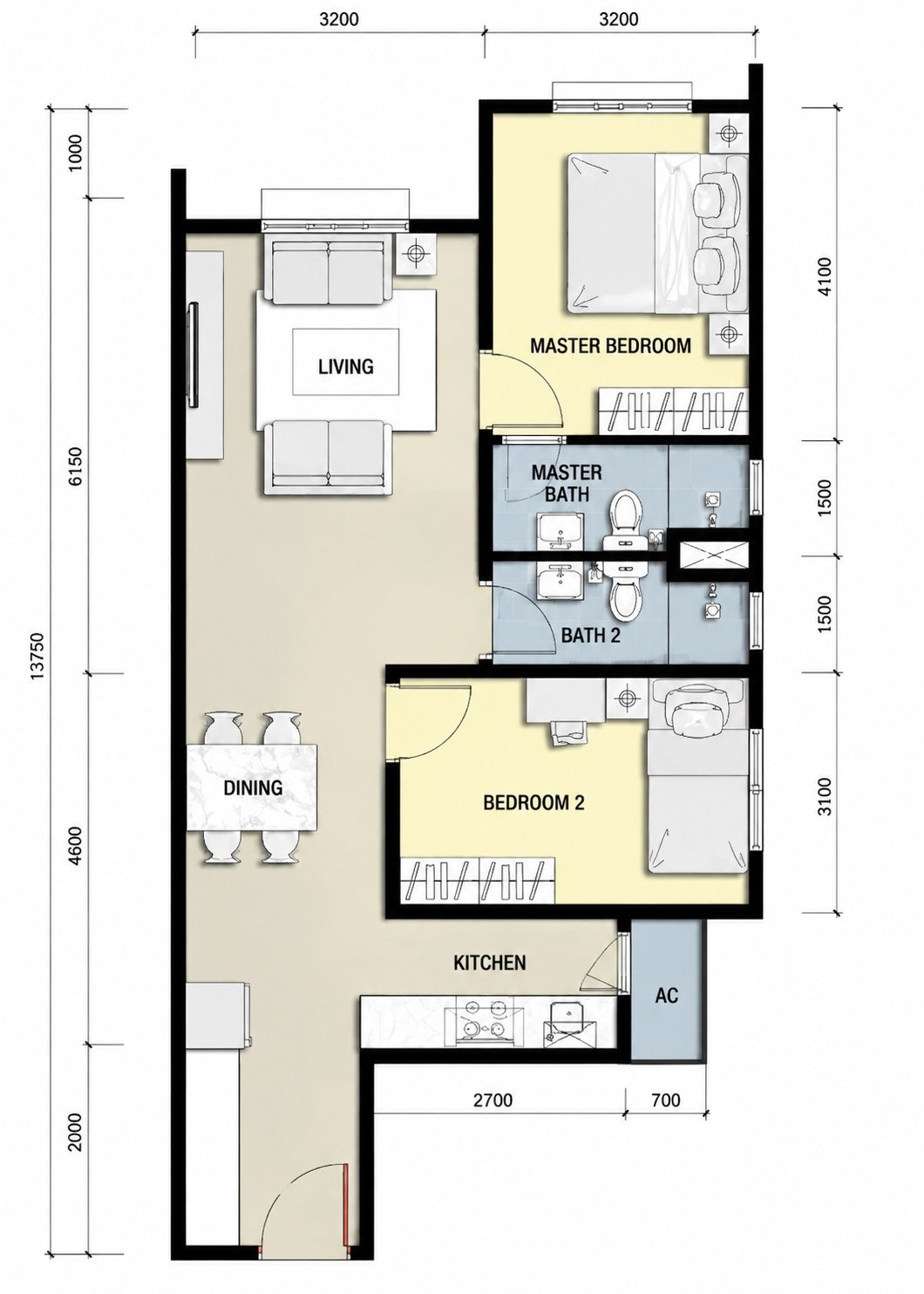 Type B1 floor plan, 705 sq ft, 2 bedroom, Anderson Residence Ipoh