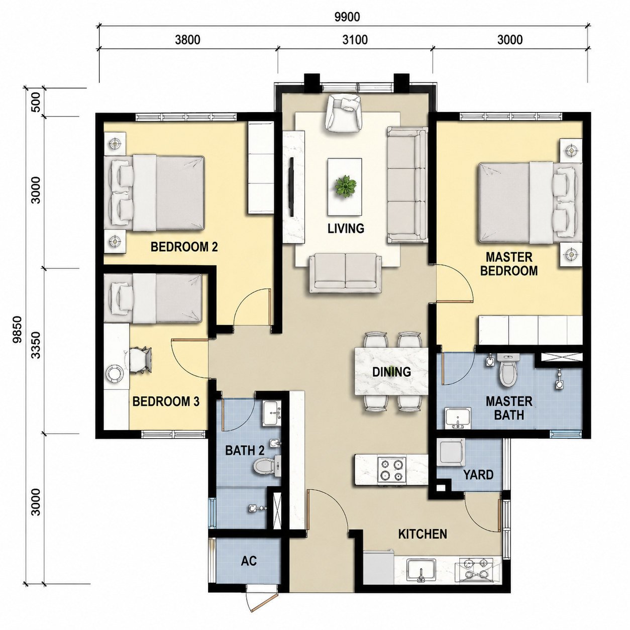 Type C floor plan, 884 sq ft, 3 bedroom, Anderson Residence Ipoh