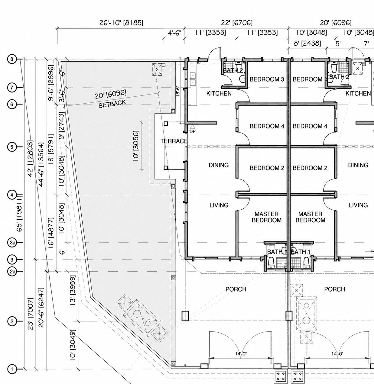 Floor plan of the standard 20 by 65 foot lot at Arena Perpaduan Utama, showing four bedrooms and two bathrooms on one level