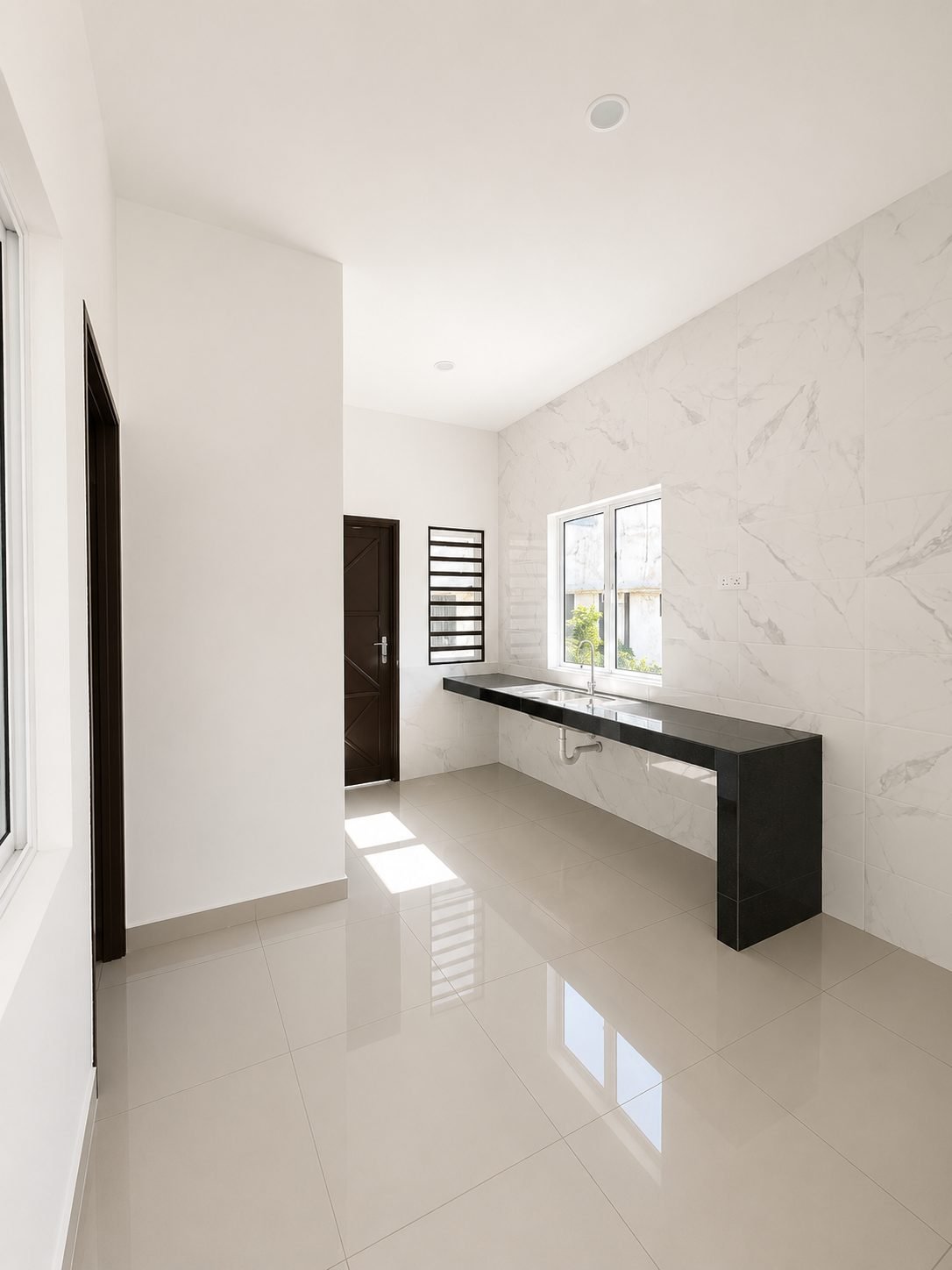 Kitchen with a marble-look tiled wall and a fitted counter, Arena Perpaduan Utama