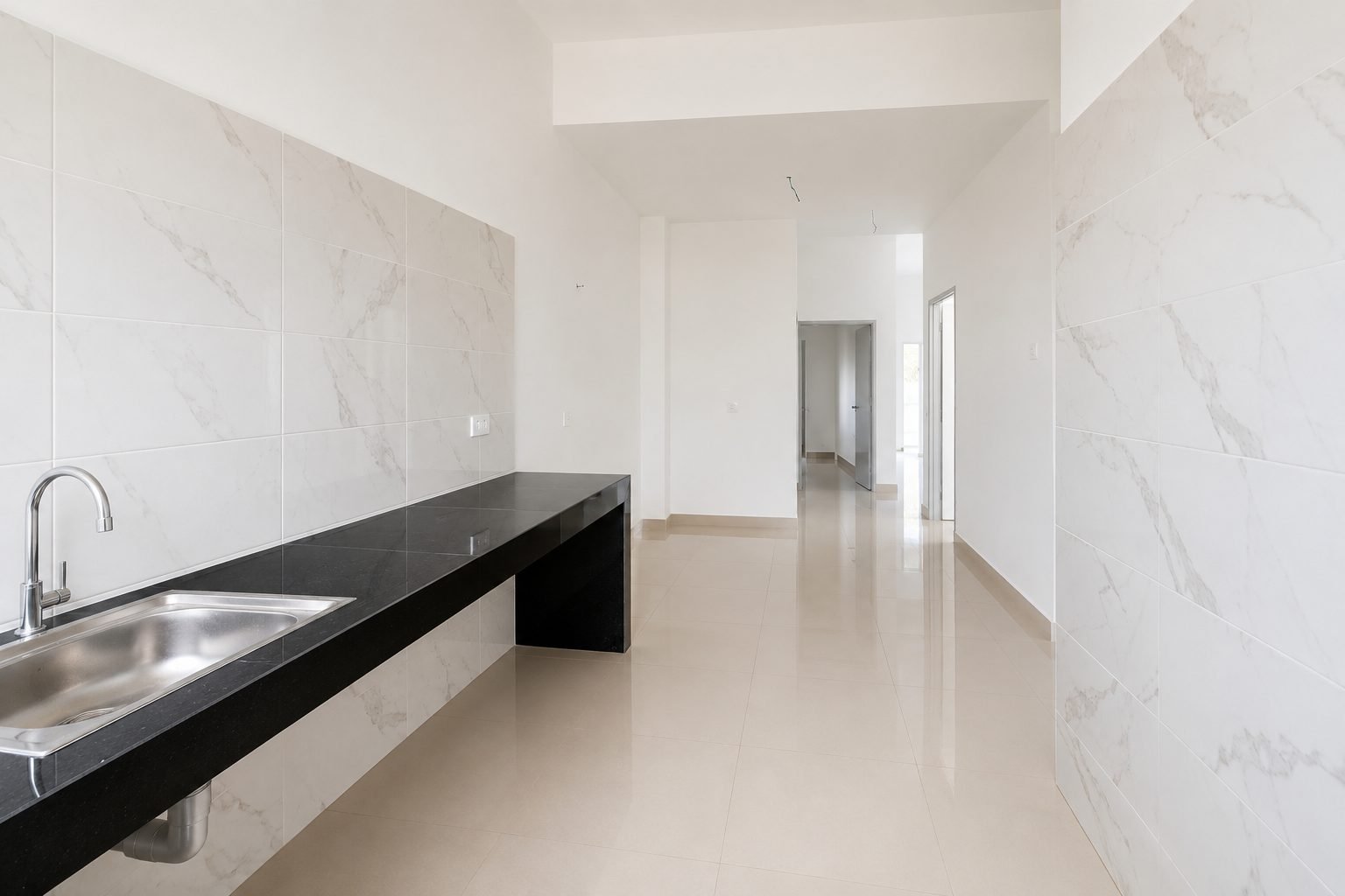 Kitchen counter and sink with marble-look splashback, Desa Chemor Impian Phase 2
