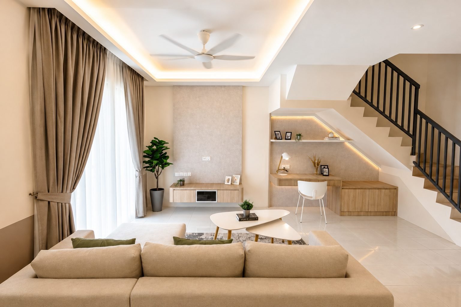 Living room of the show house at Desa Park Chemor, Ipoh, looking towards the staircase