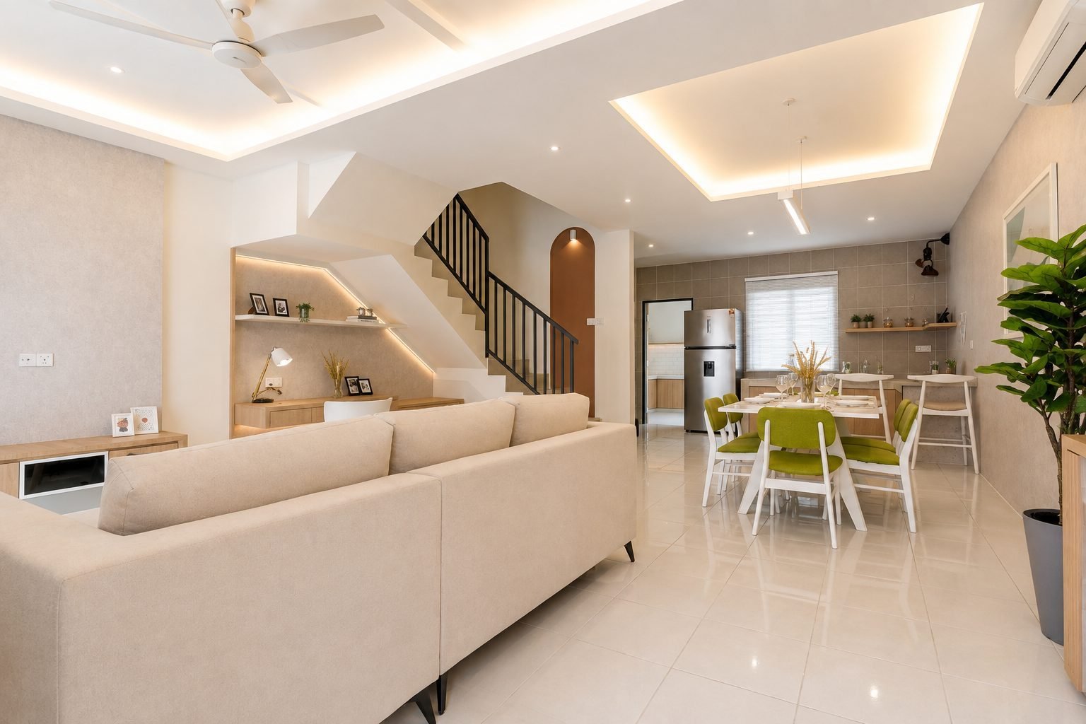 Living room of the show house at Desa Park Chemor looking through to the dining area and kitchen