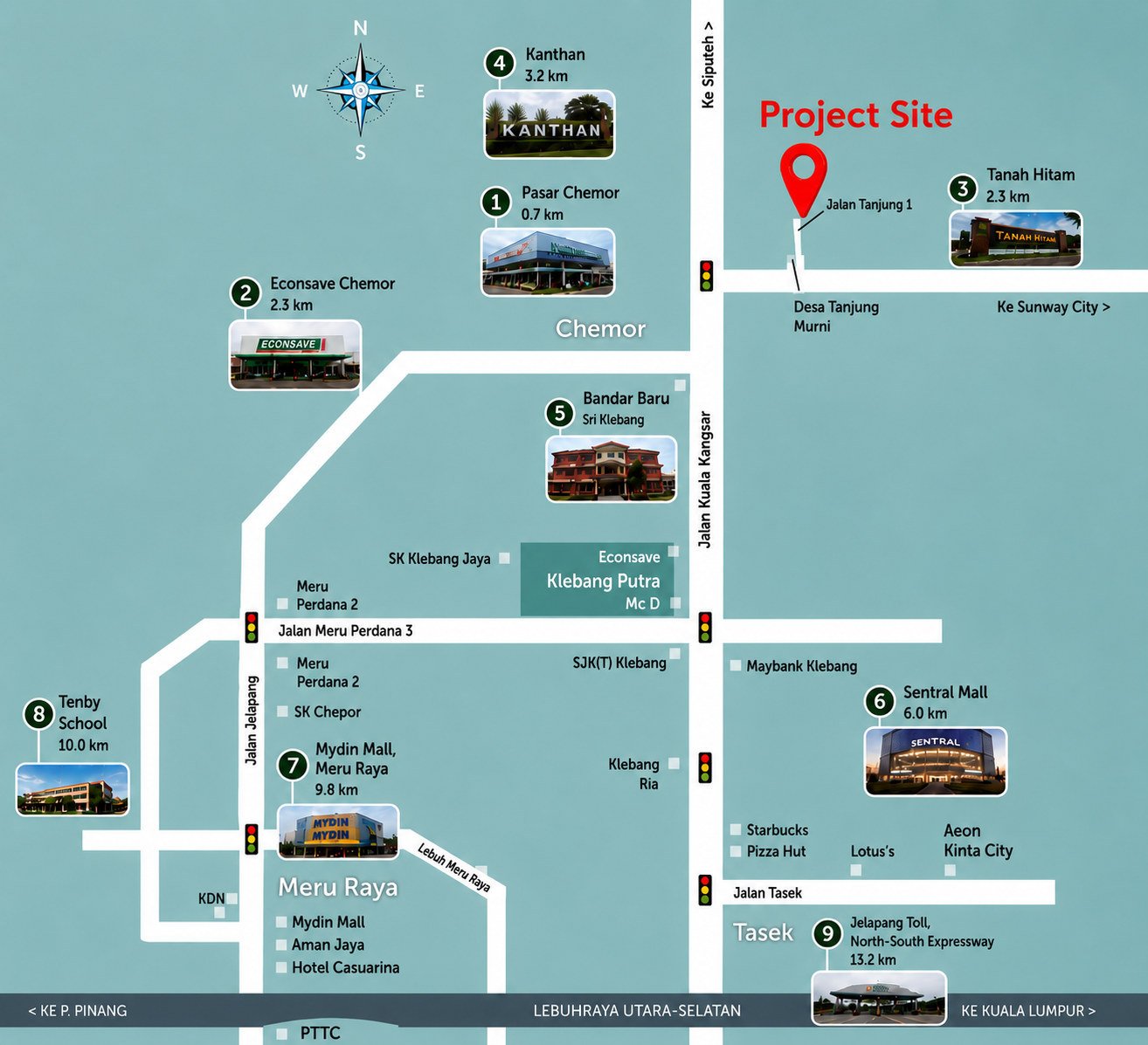 Location map showing Desa Park Chemor off Jalan Tanjung 1 in Chemor, with the surrounding towns and landmarks