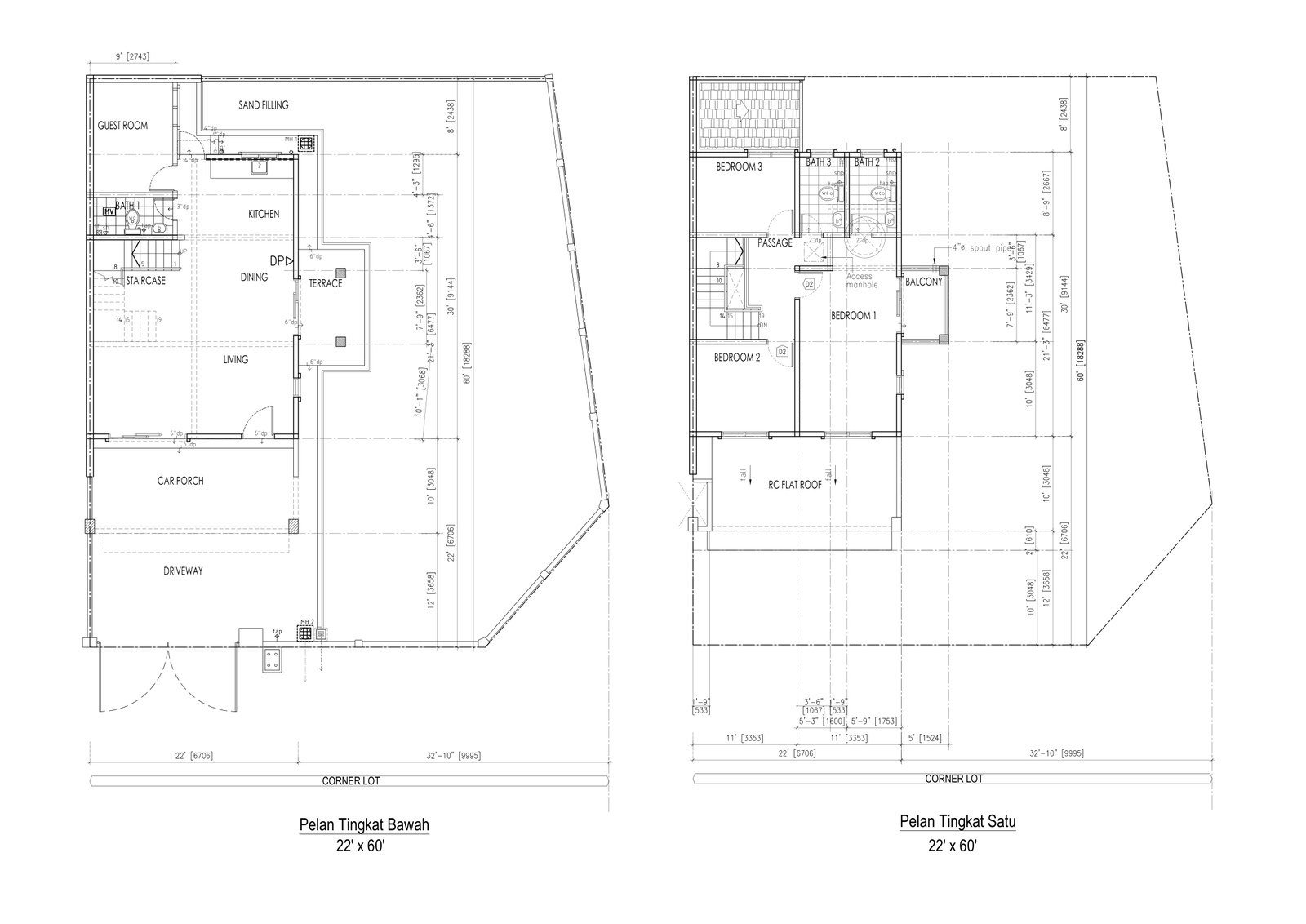 Ground and first floor plan of the corner lot at Desa Park Chemor, Ipoh, showing the terrace and balcony
