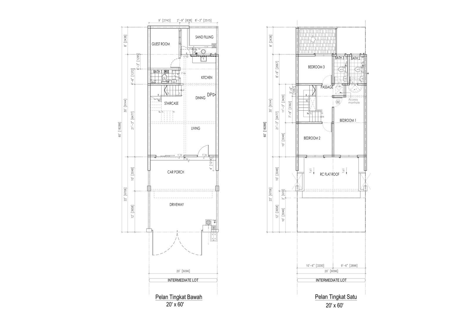 Ground and first floor plan of the 20 by 60 foot intermediate lot at Desa Park Chemor, Ipoh
