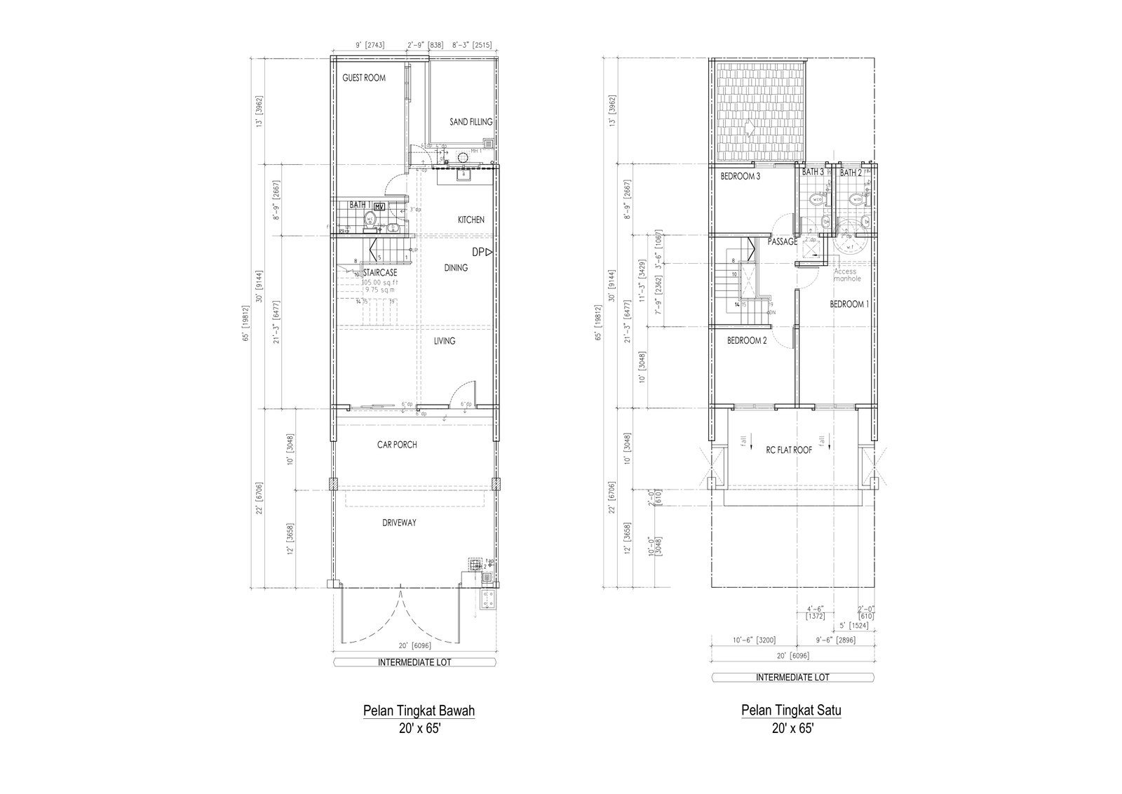 Ground and first floor plan of the 20 by 65 foot intermediate lot at Desa Park Chemor, Ipoh