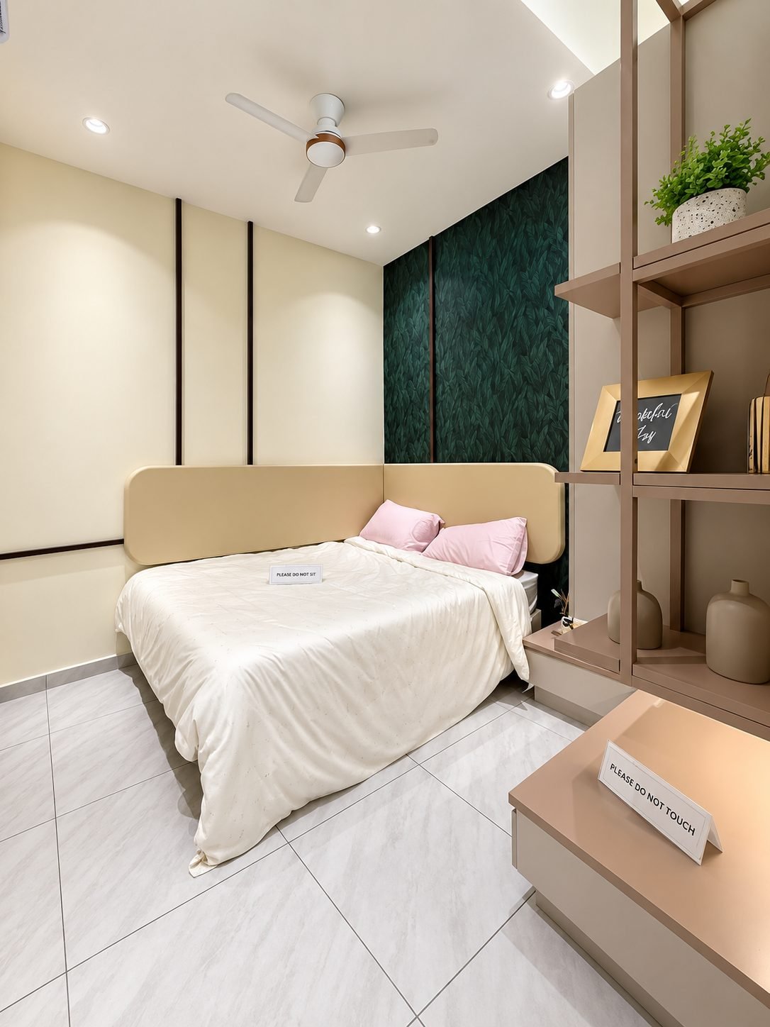 Third bedroom with open shelving and a study bench, Taman Gopeng Mewah show house