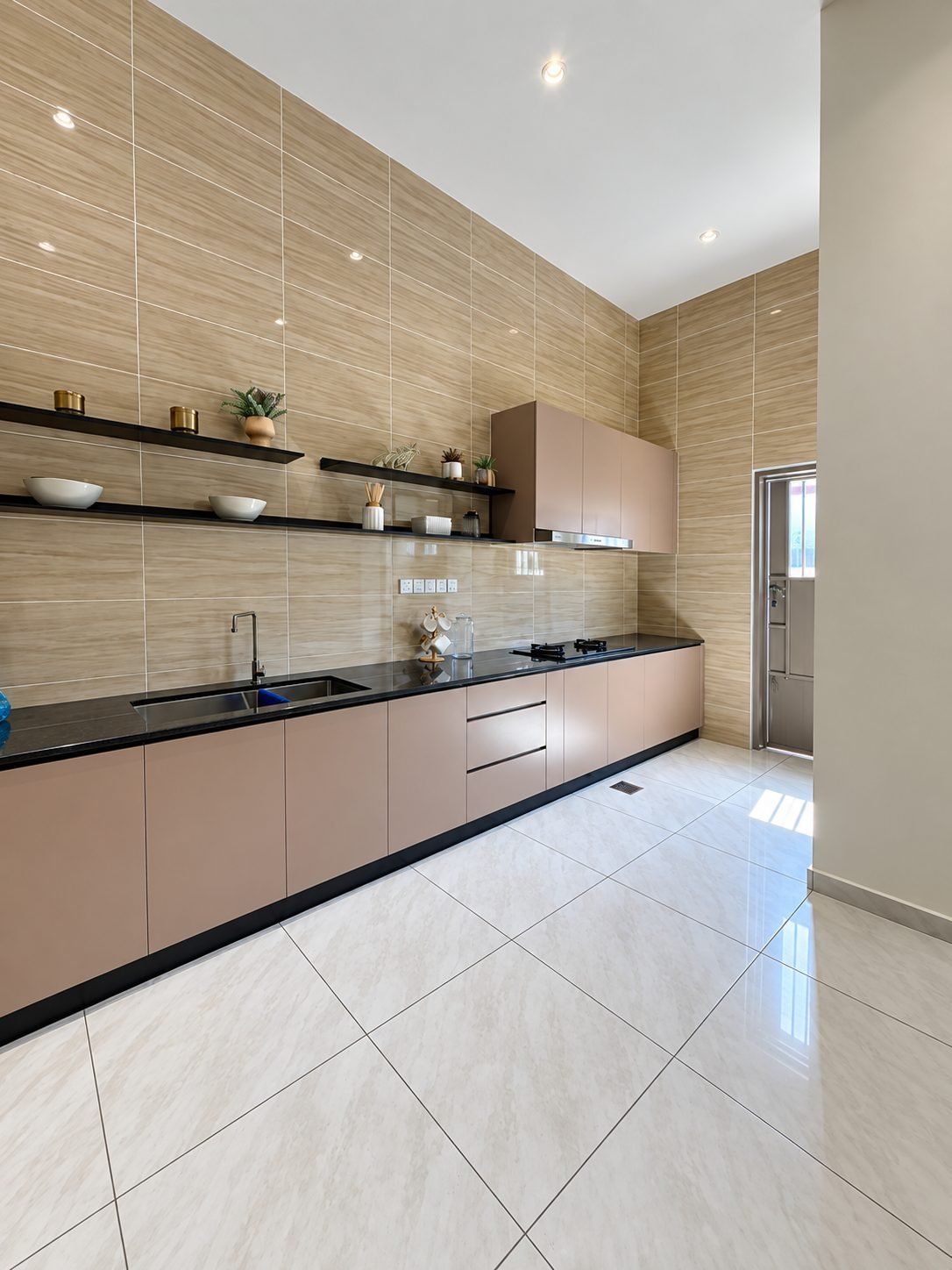 Dry kitchen with a full run of cabinetry and a stone worktop, Taman Gopeng Mewah show house