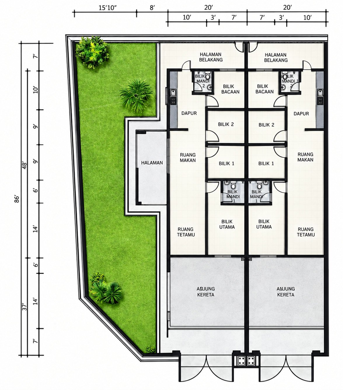 Floor plan of the single-storey terrace at Taman Gopeng Mewah, Gopeng, showing the car porch, living and dining, master bedroom, two bedrooms, reading room, two bathrooms, kitchen and rear yard