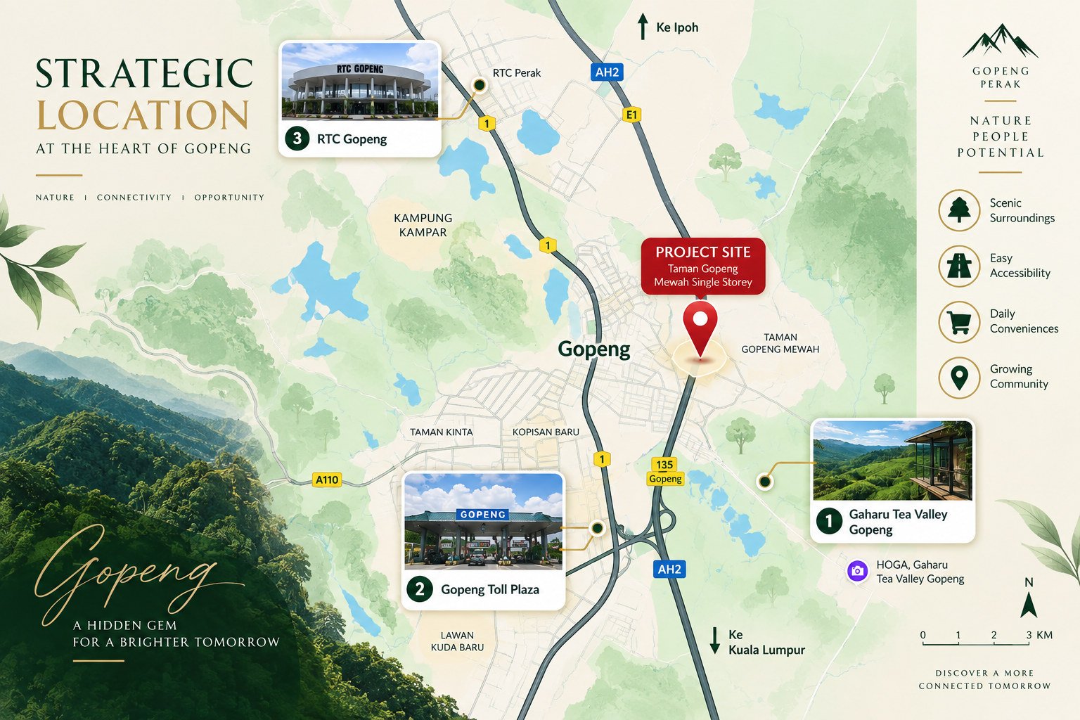 Location map for Taman Gopeng Mewah, Gopeng, Perak, showing the project site against RTC Gopeng, the Gopeng Toll Plaza and Gaharu Tea Valley