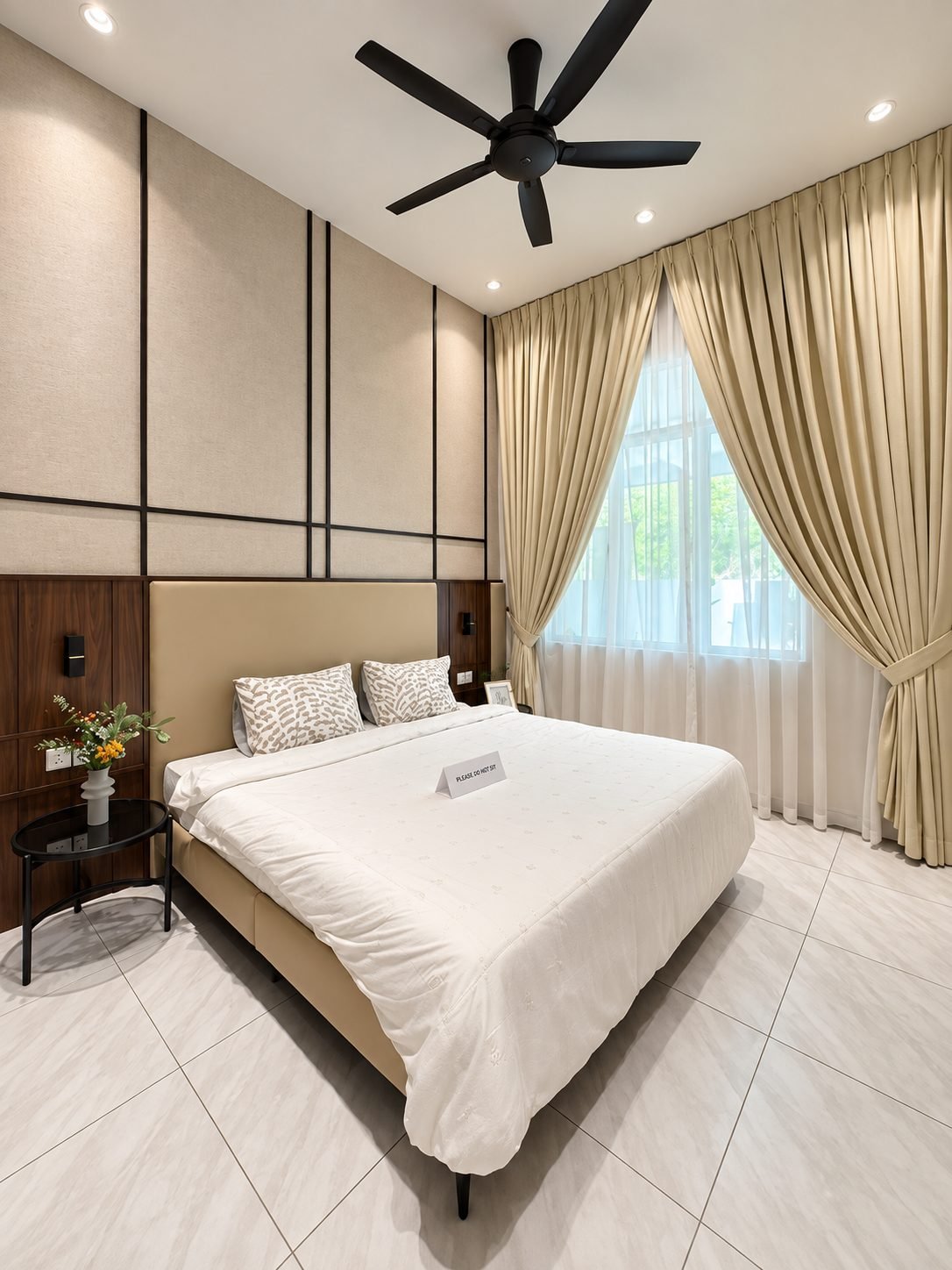 Master bedroom with a timber headboard wall and ceiling fan, Taman Gopeng Mewah show house