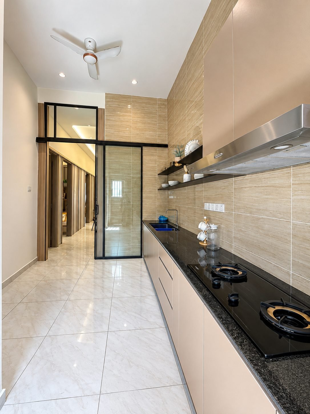 Wet kitchen behind a glazed sliding partition, Taman Gopeng Mewah show house
