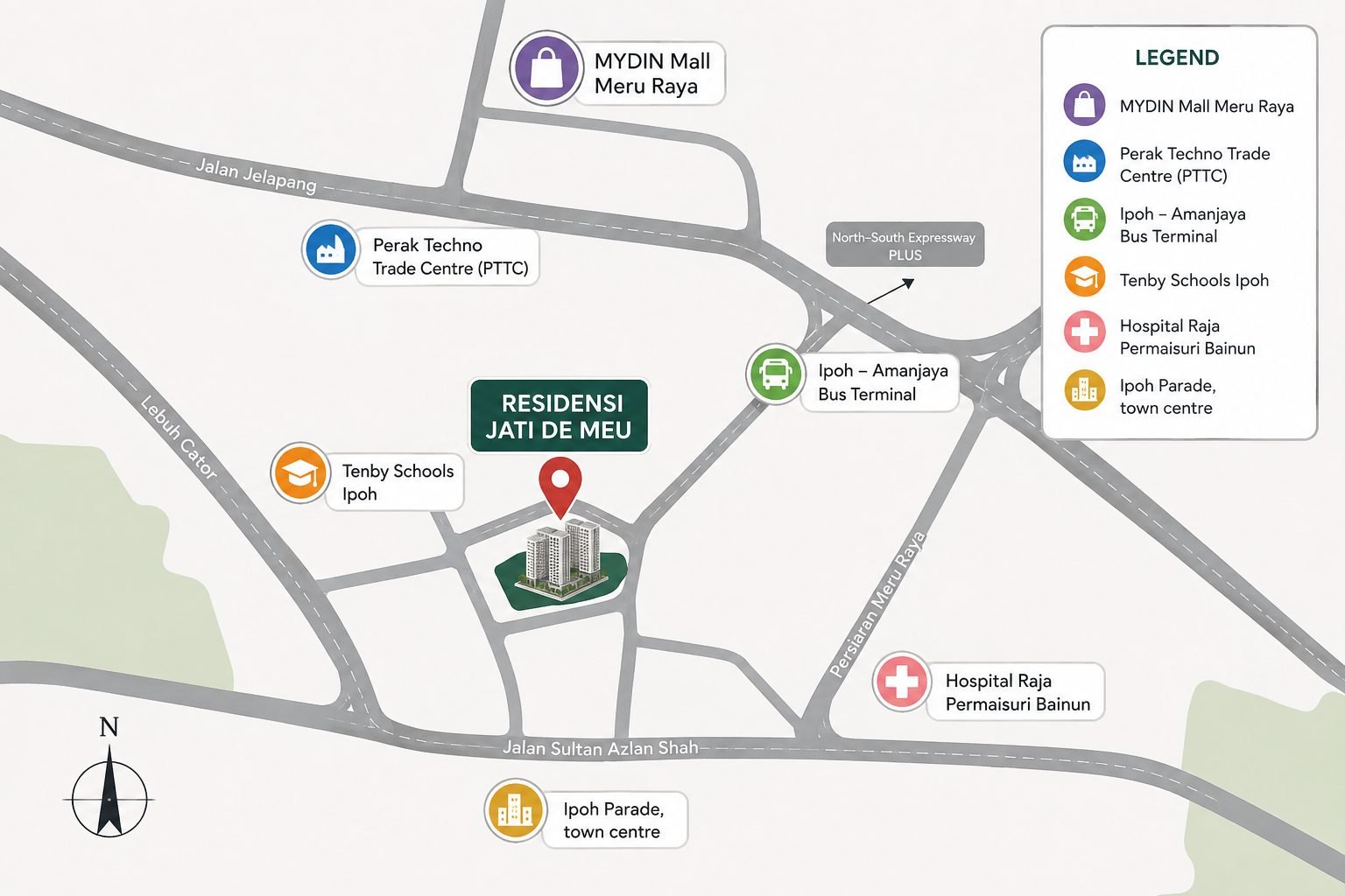 Location map showing Residensi Jati De Meru within Meru Raya, Ipoh