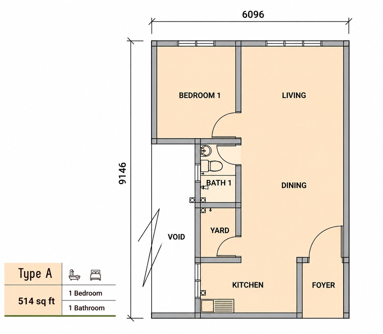 Type A floor plan, 514 sq ft, Residensi Jati De Meru Ipoh