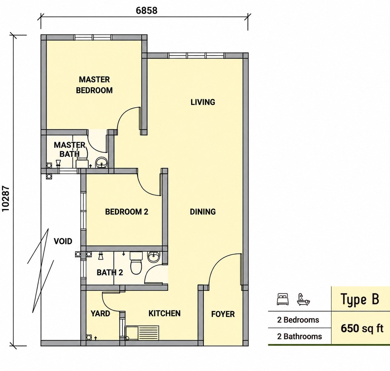 Type B floor plan, 650 sq ft, Residensi Jati De Meru Ipoh