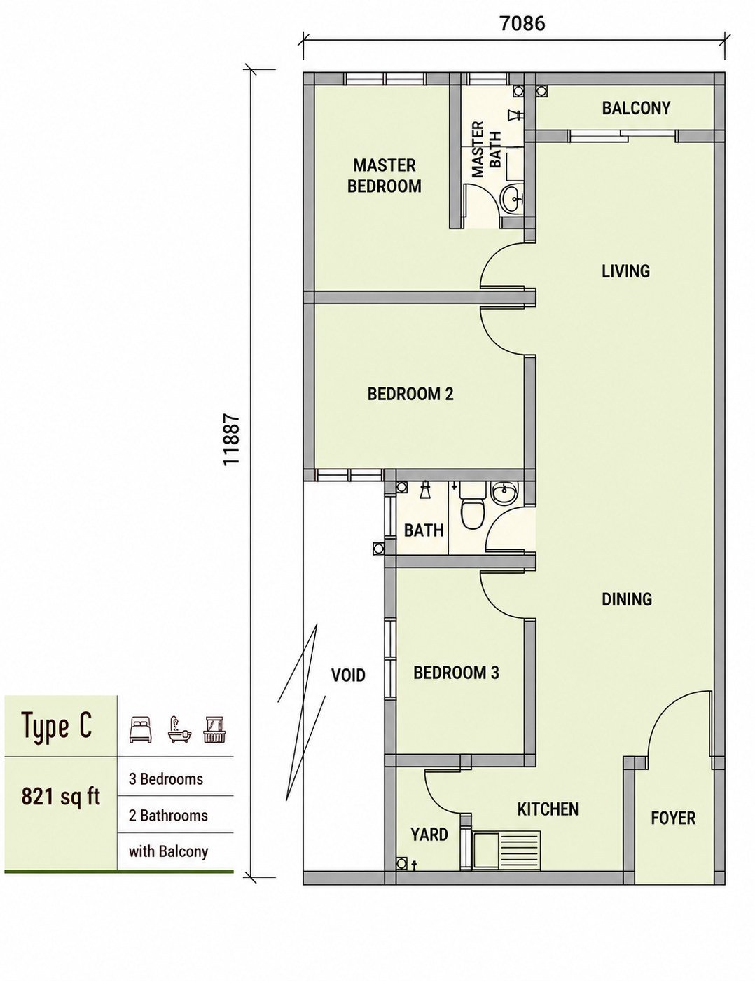 Type C floor plan, 821 sq ft, Residensi Jati De Meru Ipoh