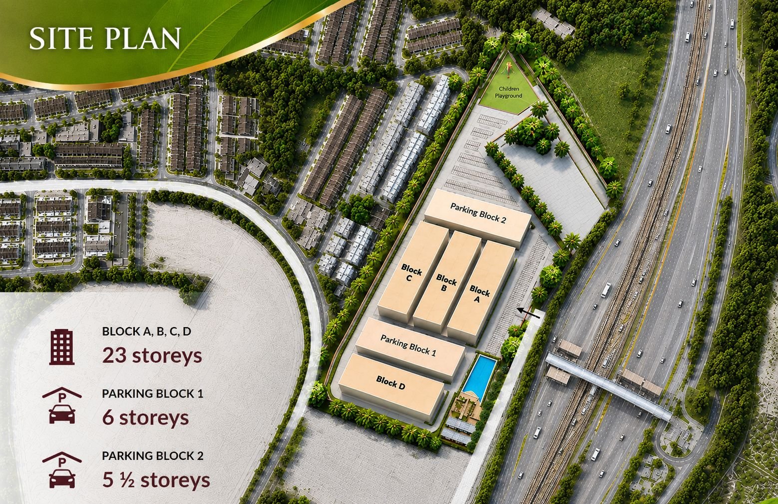 Site plan of Residensi Jati De Meru, Ipoh, showing the four blocks and both car park blocks