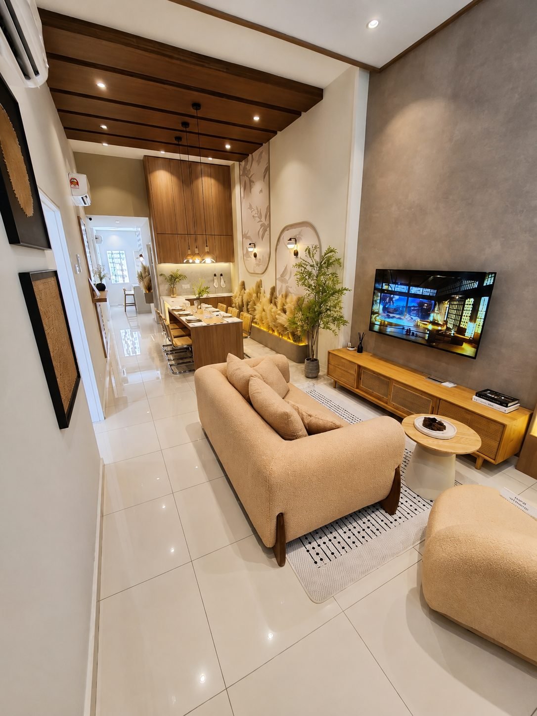 Living room with a timber slat feature wall, Taman Klebang Ria Type A show unit