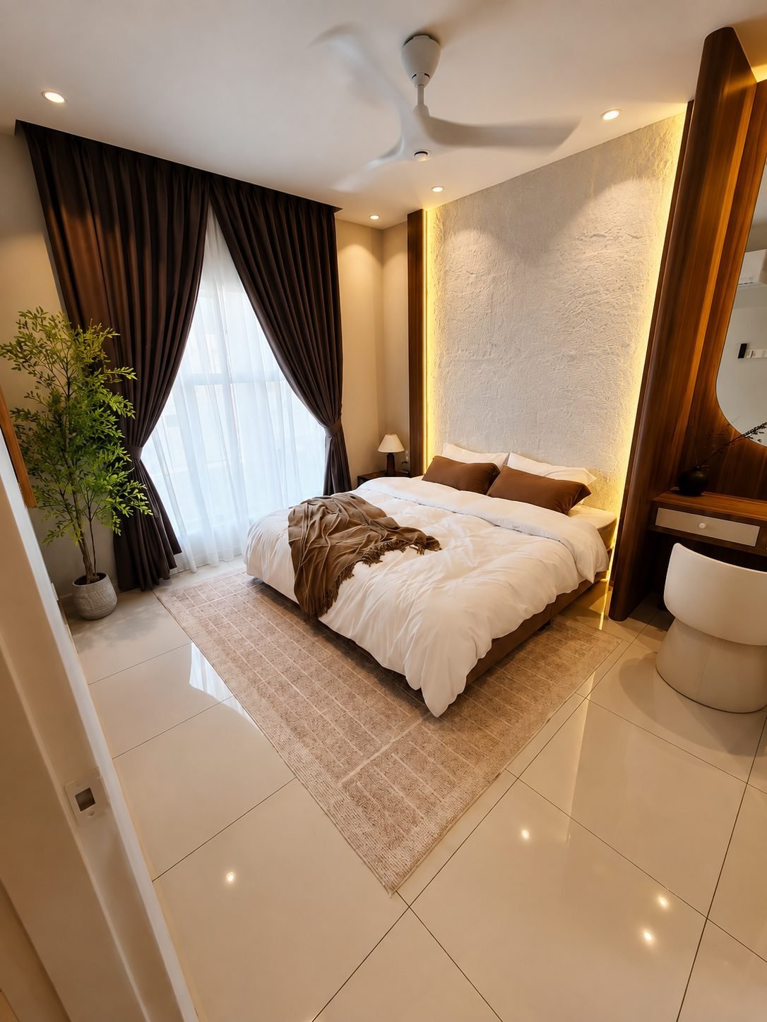 Bedroom with a timber headboard panel, Taman Klebang Ria Type A show unit