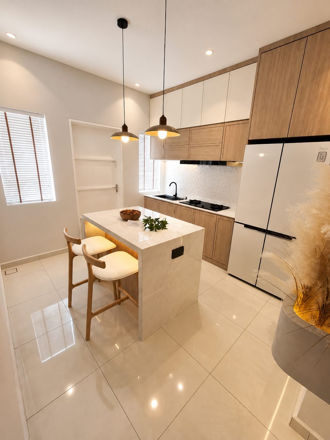 Kitchen island under pendant lights with tall cabinetry, Taman Klebang Ria Type A