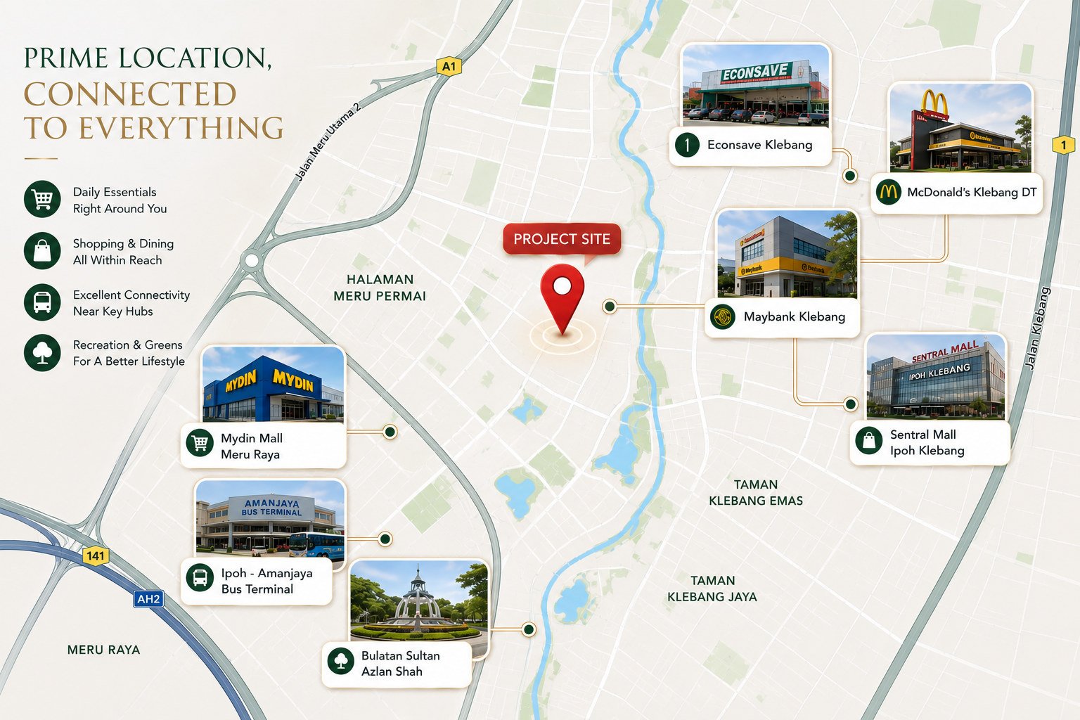 Location map for Taman Klebang Ria, Ipoh, showing Econsave Klebang, McDonald's Klebang DT, Maybank Klebang, Sentral Mall Ipoh Klebang, Mydin Mall Meru Raya, the Ipoh Amanjaya Bus Terminal and Bulatan Sultan Azlan Shah