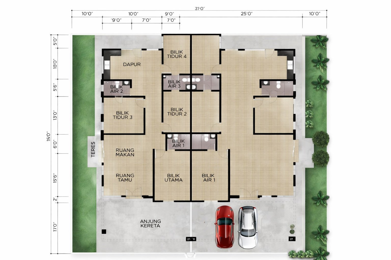 Floor plan of the single-storey cluster Semi-D at Taman Klebang Ria, Ipoh