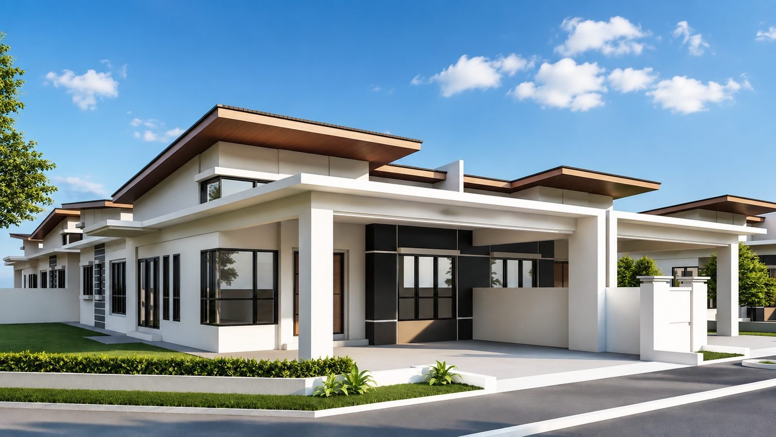 Street elevation of the single-storey cluster Semi-D at Taman Klebang Ria, Ipoh