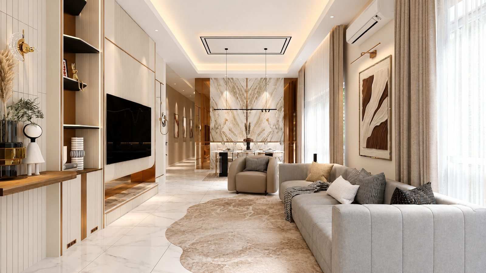 Living room with fitted timber cabinetry, Taman Klebang Ria Semi-D show house
