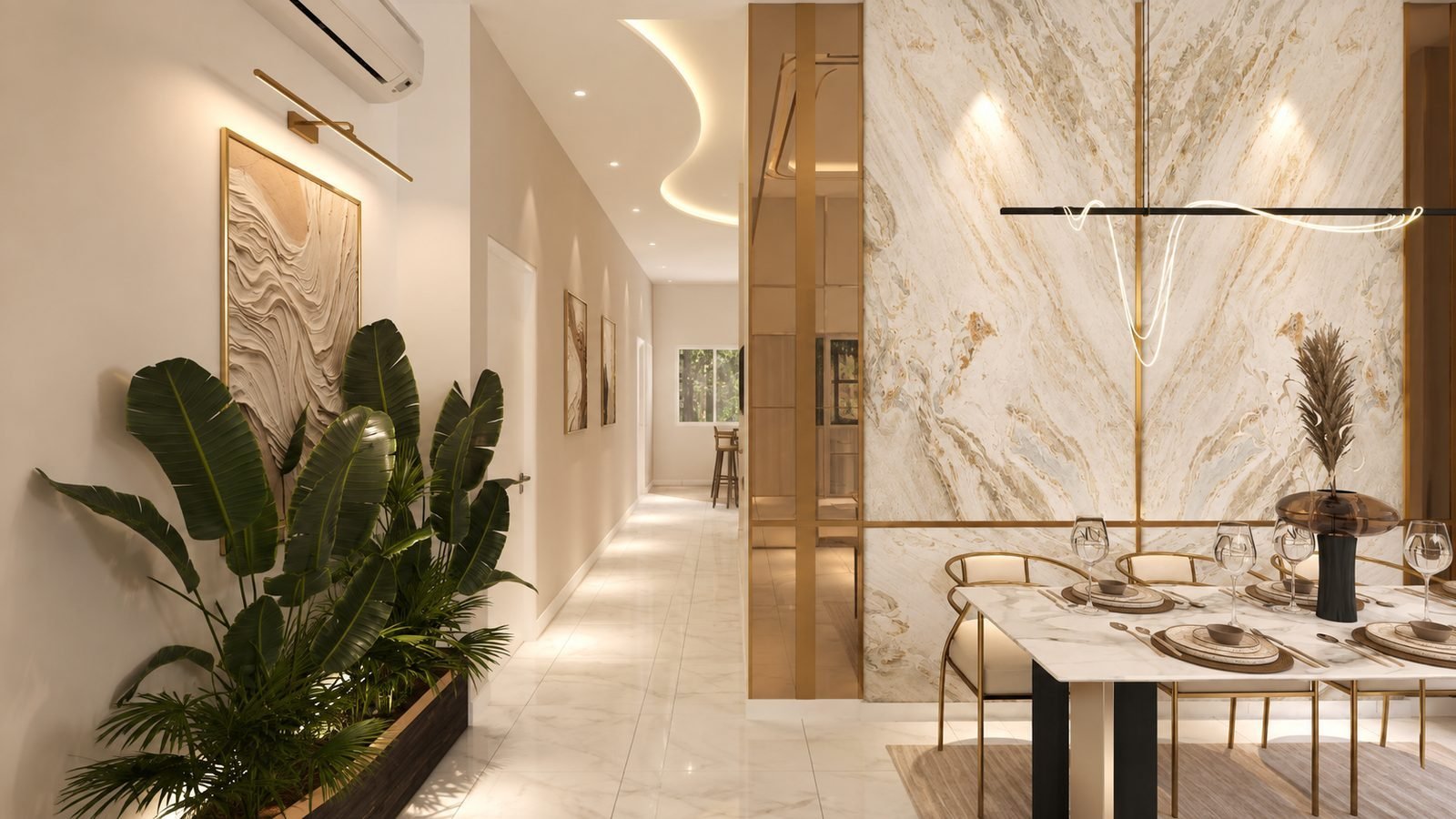 Hall and dining looking towards the marble feature wall, Taman Klebang Ria Semi-D