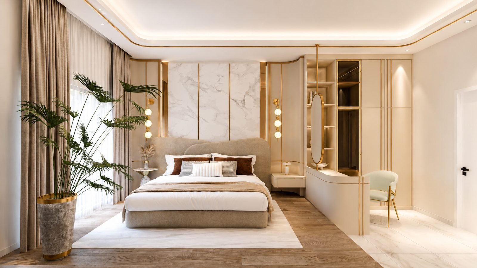 Master bedroom with a marble headboard and fitted wardrobe, Taman Klebang Ria Semi-D