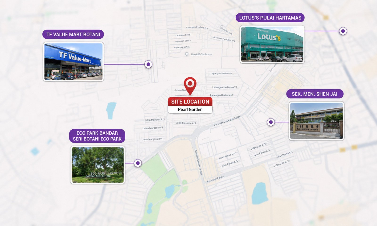 Location map for Pearl Garden, Ipoh, showing TF Value Mart Botani, Lotus's Pulai Hartamas, Sek. Men. Shen Jai and Eco Park Bandar Seri Botani