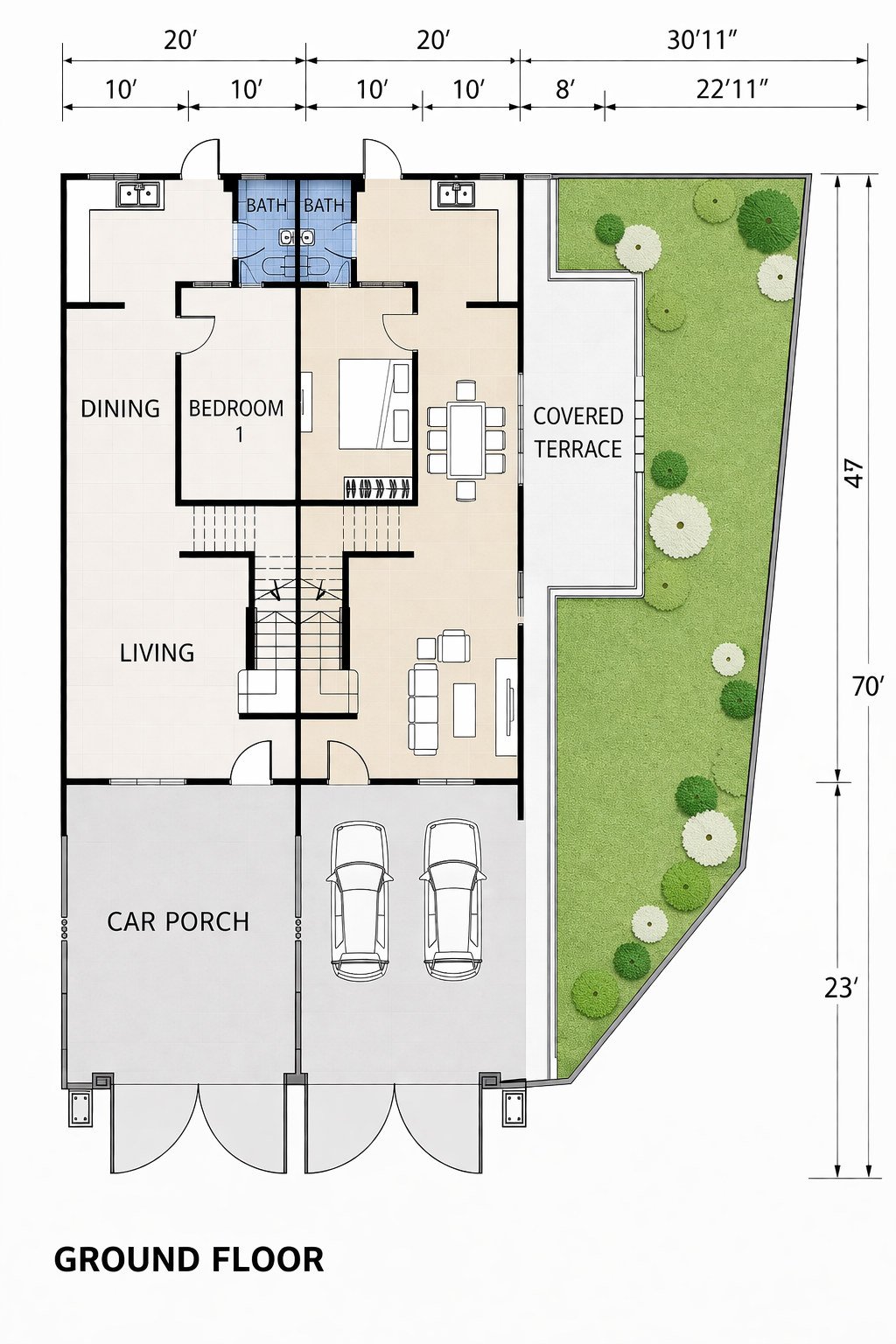 Ground floor plan of the 1.5-storey terrace at Pearl Garden, Ipoh