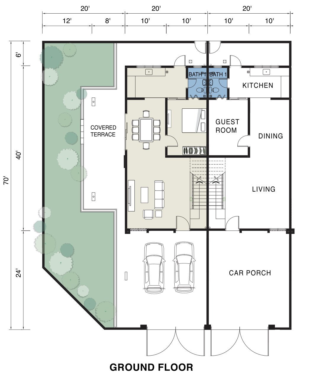 Ground floor plan of the 2-storey terrace at Pearl Garden, Ipoh