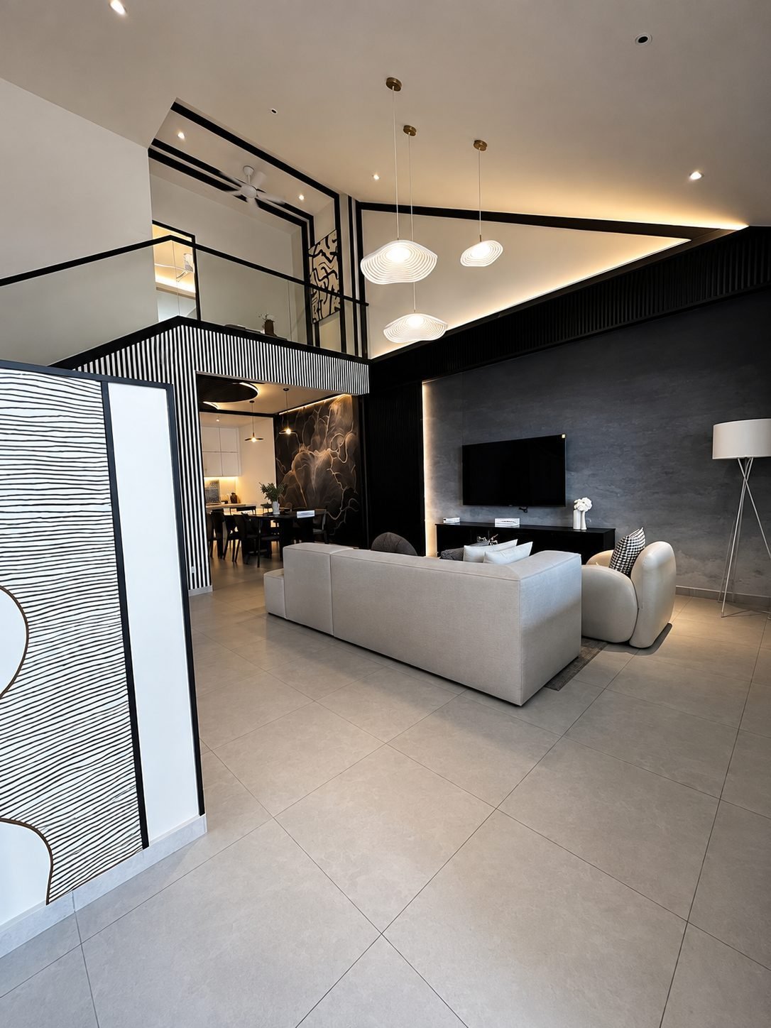 Living room with a slatted screen and the dining area beyond, Pearl Garden 1.5-storey