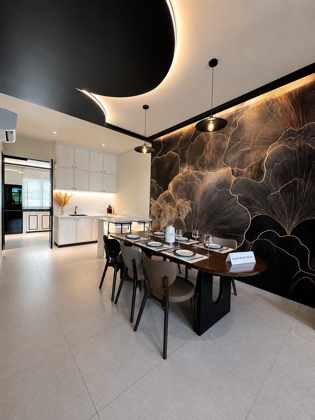 Dining area against a botanical feature wall, with the kitchen behind, Pearl Garden 1.5-storey