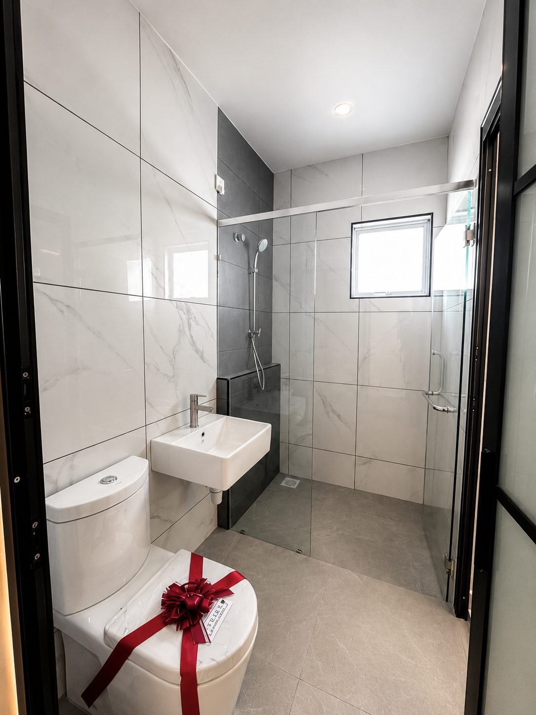 Bathroom with marble-look tiling and a walk-in shower, Pearl Garden 1.5-storey