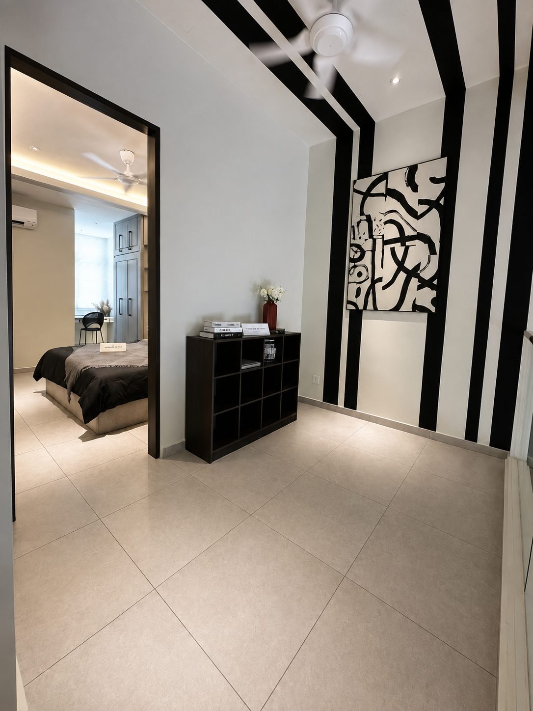 Mezzanine bedroom with a striped feature wall, Pearl Garden 1.5-storey