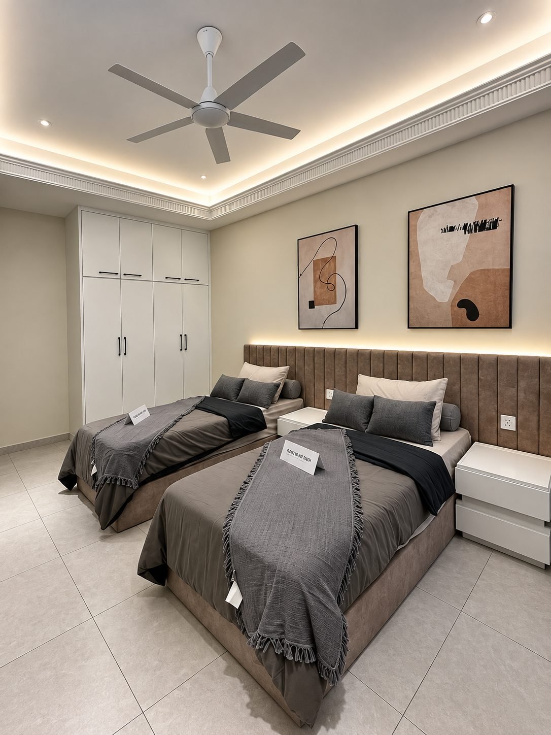 Twin bedroom with a fluted headboard and fitted wardrobes, Pearl Garden 1.5-storey
