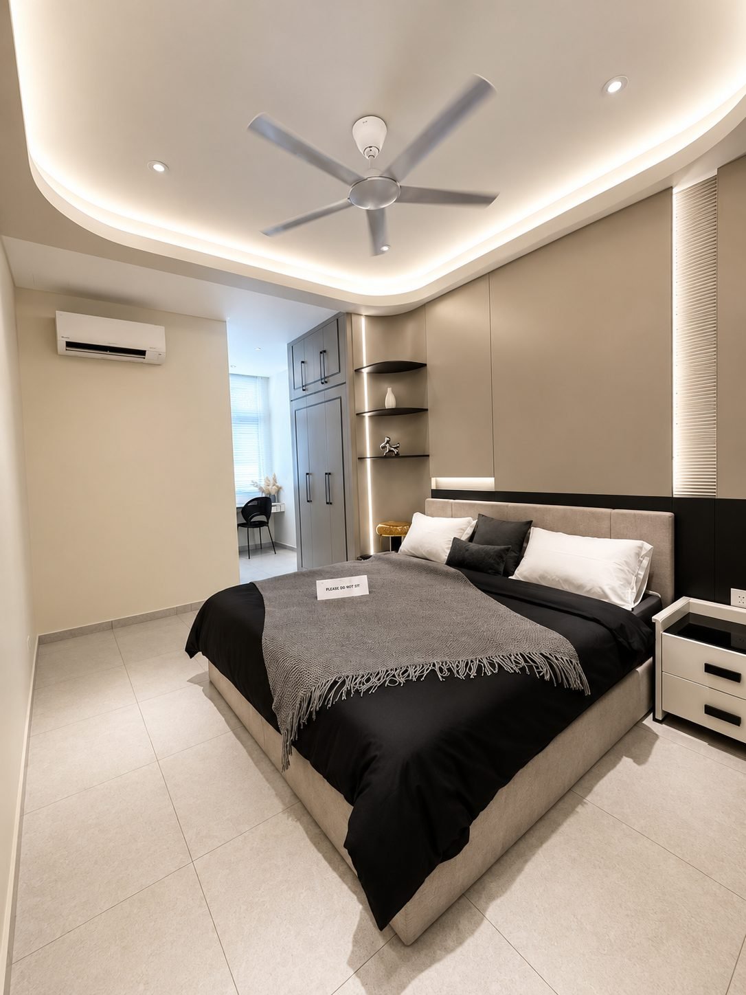 Bedroom with built-in shelving and a ceiling fan, Pearl Garden 1.5-storey