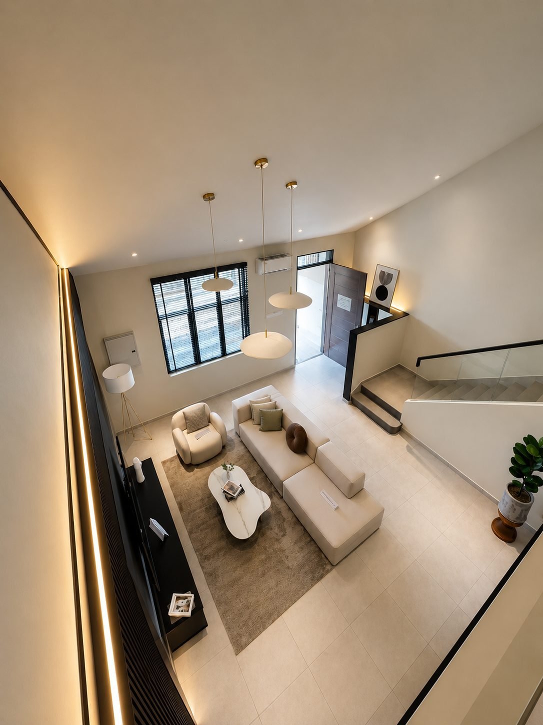 Looking down from the mezzanine into the double-height living room, Pearl Garden