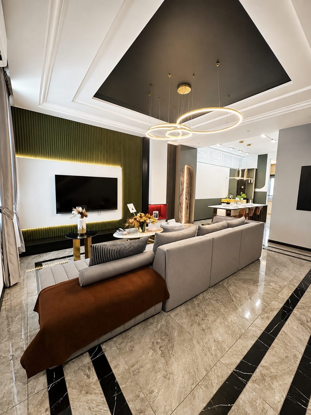 Living room with an olive feature wall and marble-inlay flooring, Pearl Garden 2-storey