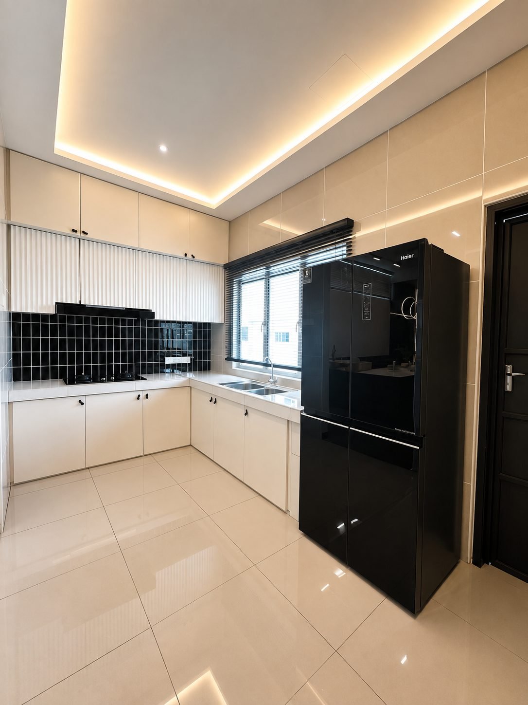 Kitchen with white cabinetry and a dark tiled splashback, Pearl Garden 2-storey