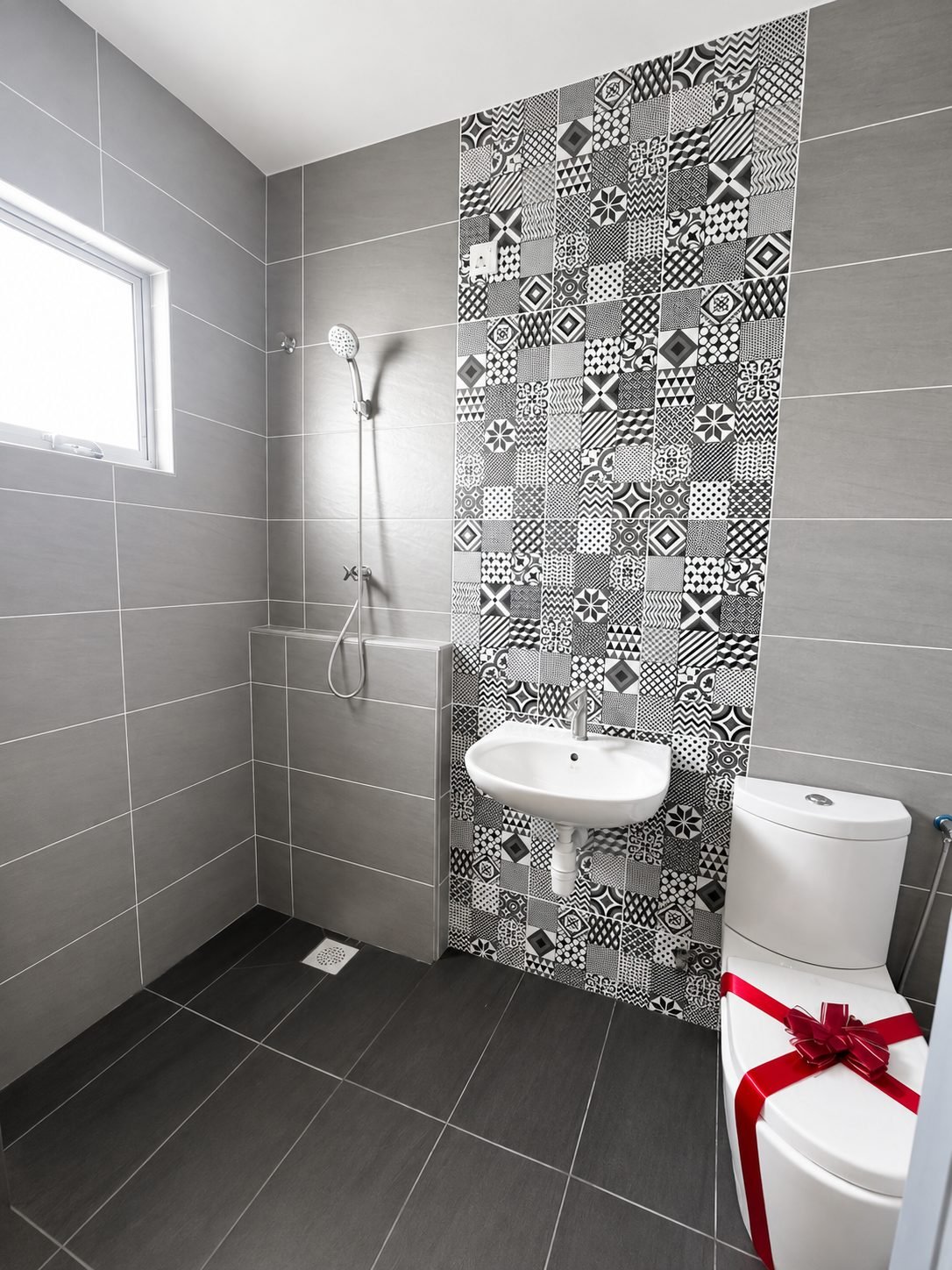 Bathroom with a patterned feature tile and walk-in shower, Pearl Garden 2-storey